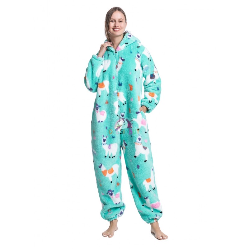 Women Soft Flannel Sleepwear Onesie Pajamas Warm Holiday Hooded Jumpsuit  Zip Front Polar Puppy Print