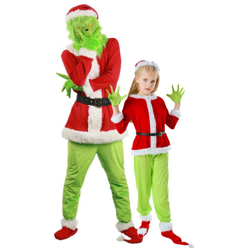 Christmas Adult Grinch Costume Kids Santa Claus Costume Men And Women 7 Pcs  Costume Set Including Mask-x