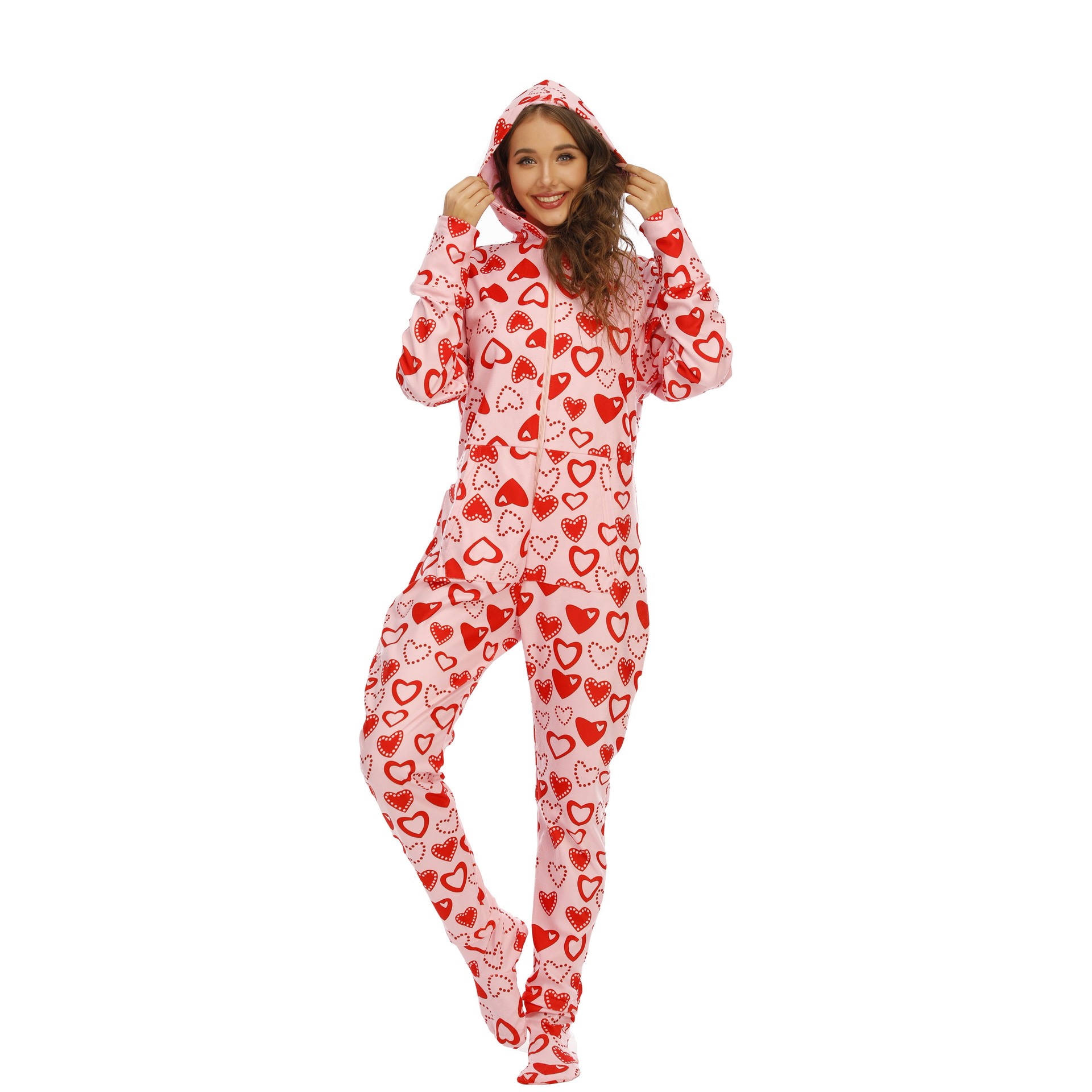 Adult Women Footed Onesie One Piece Pink Pajamas with Hood Zip Up