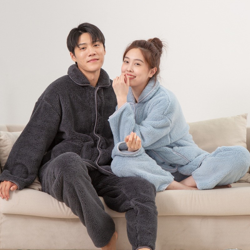 Warm Pajamas Long Sleeves Nighties Couples PJs Set Sleepwear Nightwear